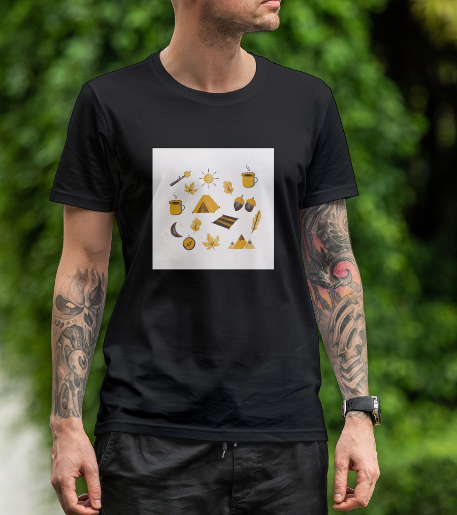 Camping Time Autumn Adventure Icons Tent Campfire Acorns Leaves Coffee Moon Sun T-Shirt