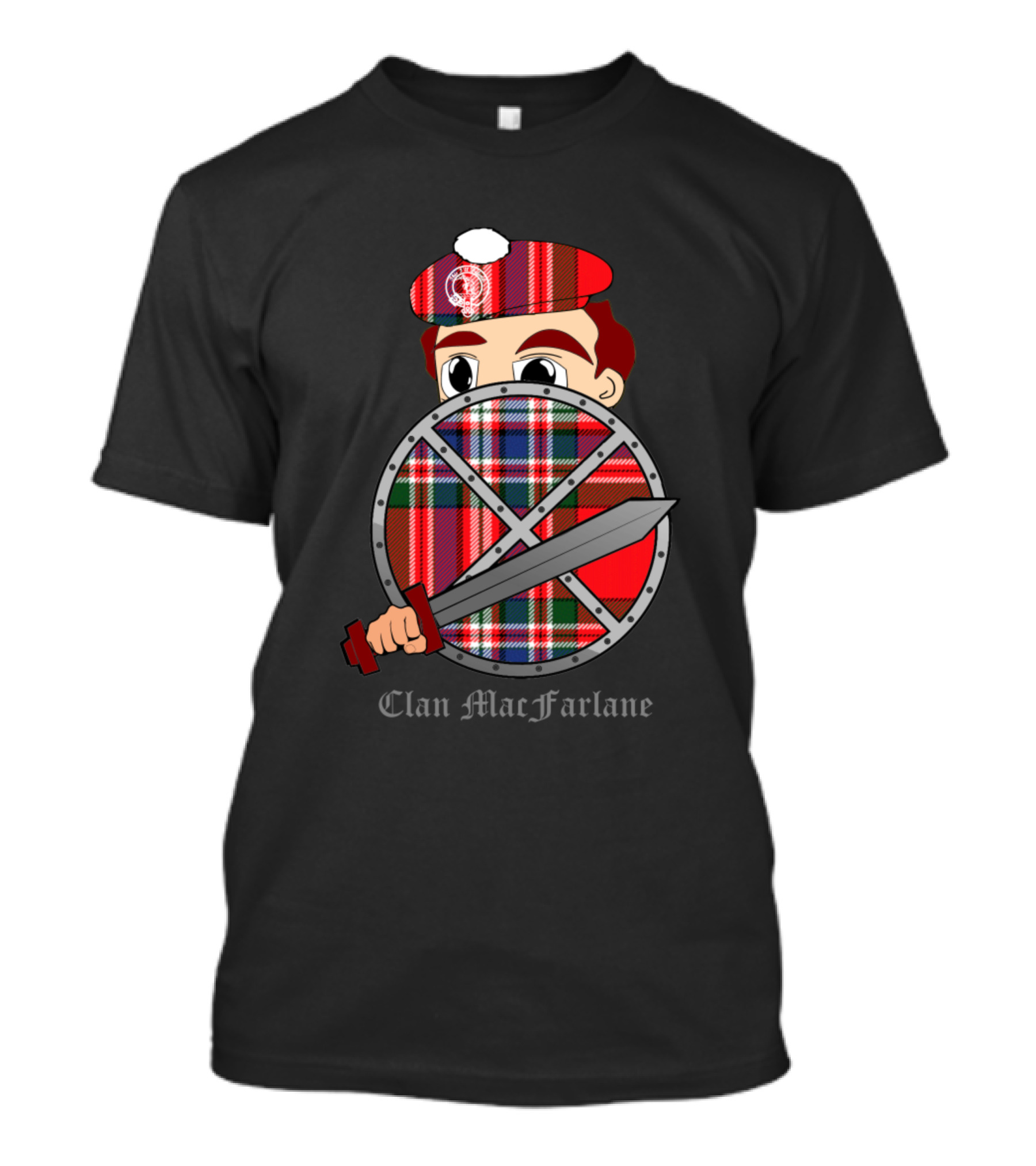 Clan MacFarlane Tartan Shield And Sword Scottish Cartoon Character T-Shirt