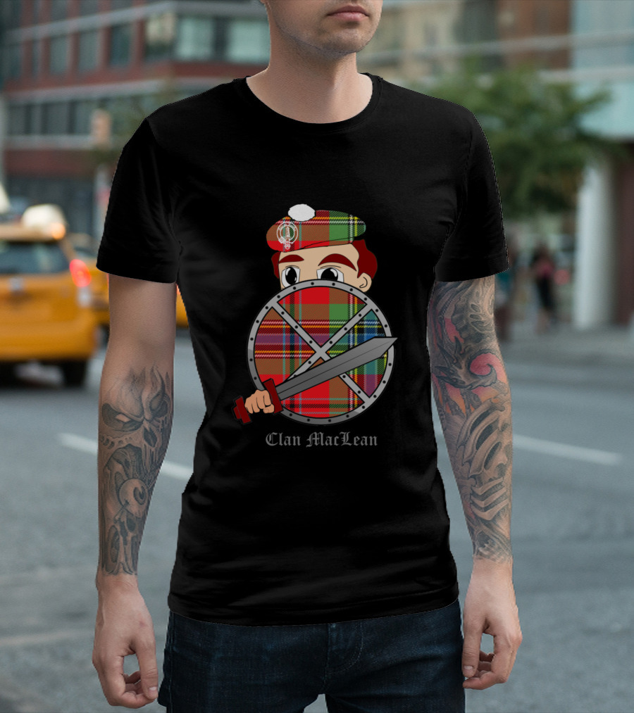 Clan Maclean Tartan Shield and Sword Icon with Character in Traditional Hat T-Shirt