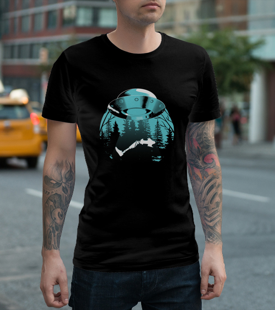 Cool UFO Abduction Leg Amputee in Forest Scene T-Shirt
