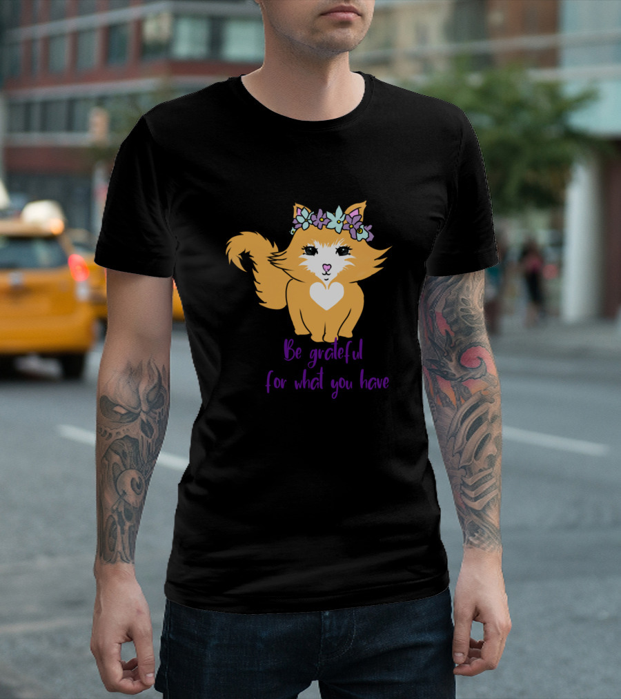 Be Grateful Floral Cat with Heart and Flower Crown T-Shirt
