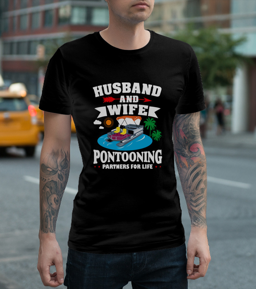 Husband and Wife Pontooning Partners for Life with Sunset and Palm Trees T-Shirt