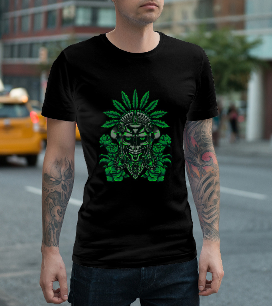 Iron Tribe Warrior Skull With Cannabis Headdress And Green Rose Elements T-Shirt