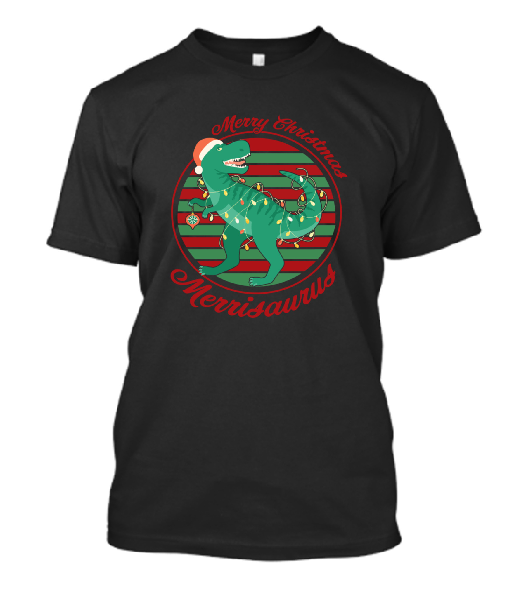 Merry Christmas Merrisaurus Dinosaur Festive Lights Santa Hat T-Shirt