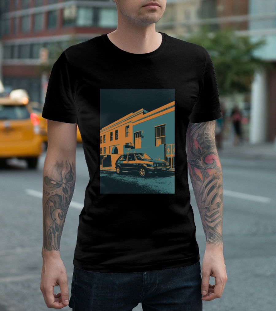 Vintage Car Print Retro Urban Scene T-Shirt
