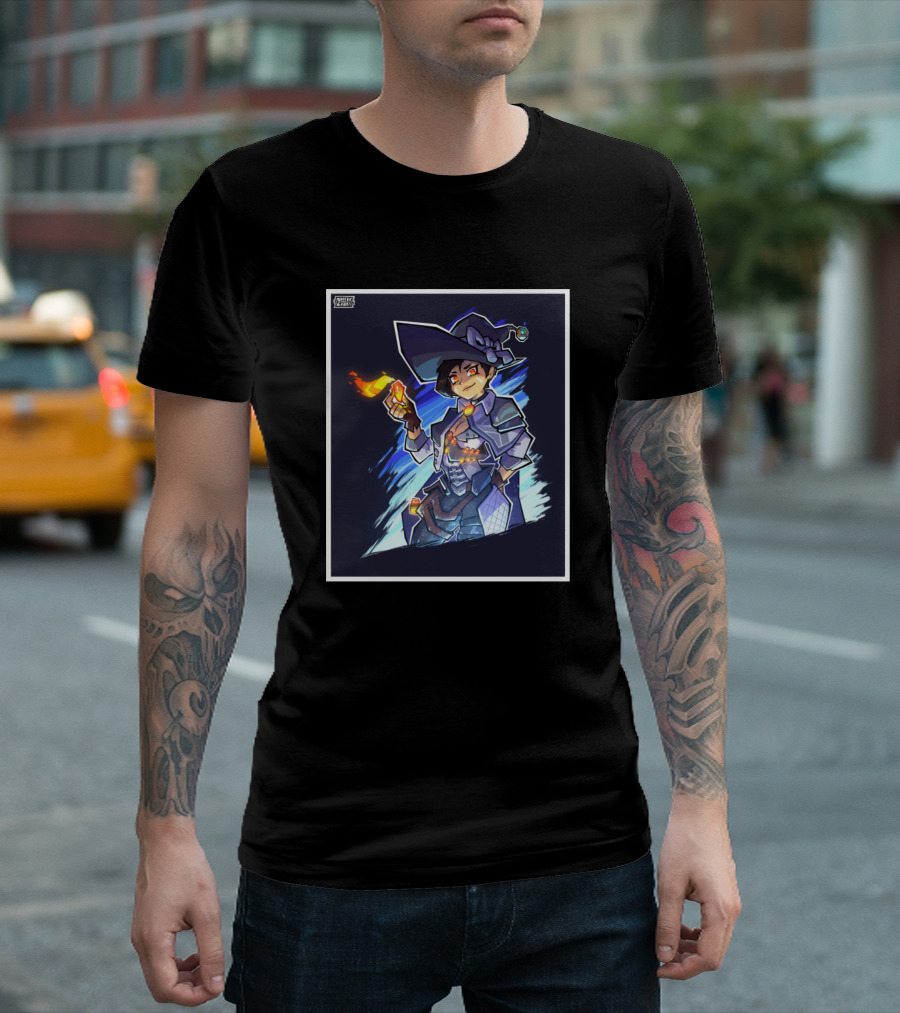 Witch Ana Magic Fire Spell Caster with Iconic Wizard Hat and Wand T-Shirt