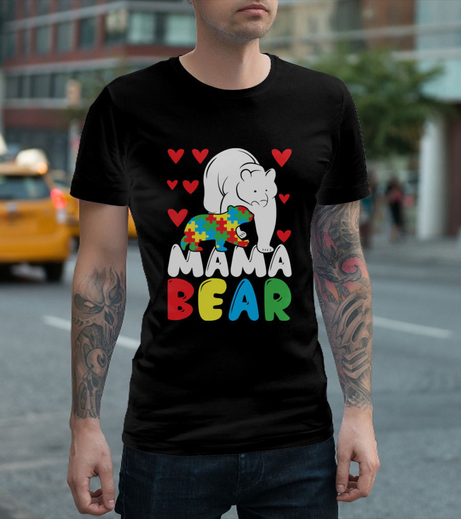 Mama Bear Autism Awareness Puzzle Piece Hearts T-Shirt