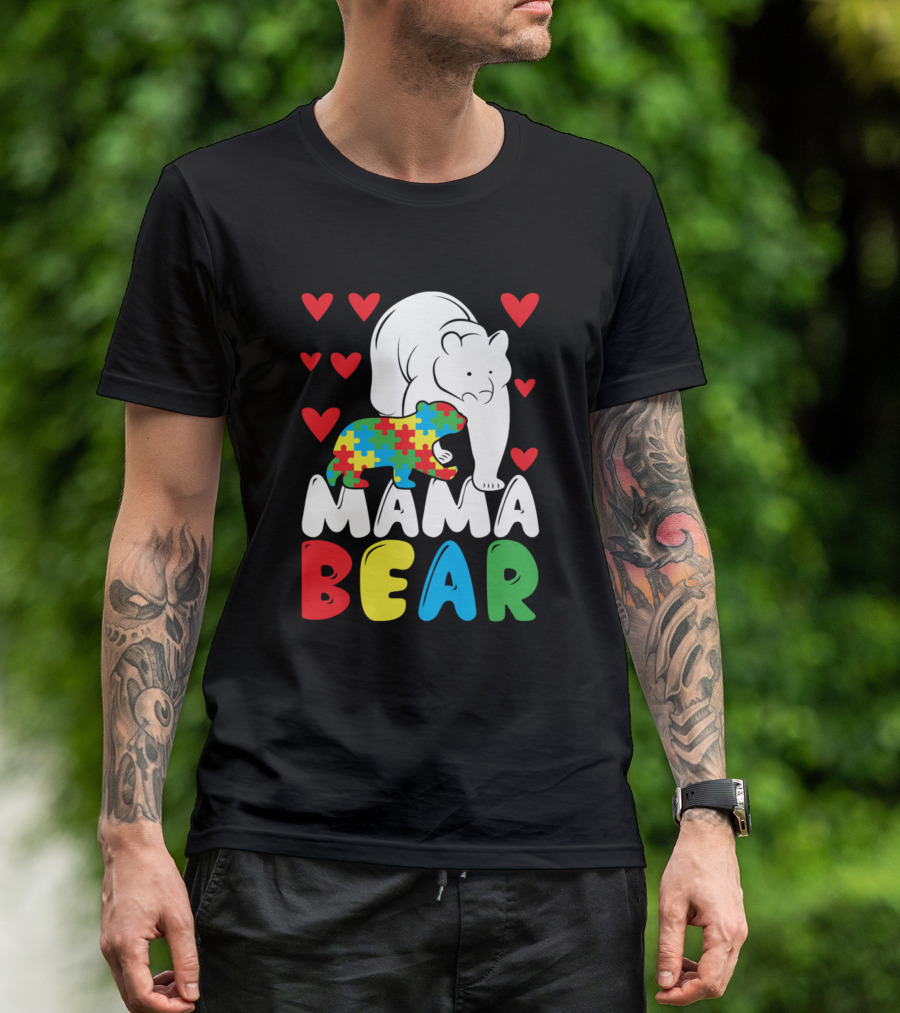 Mama Bear Autism Awareness Puzzle Piece Hearts T-Shirt