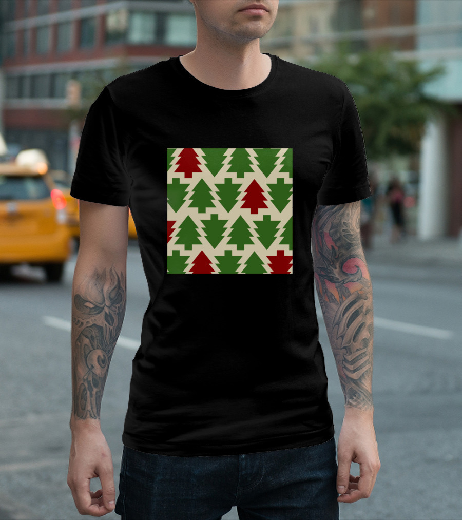 Christmas Tree Pattern Green Red Block T-Shirt