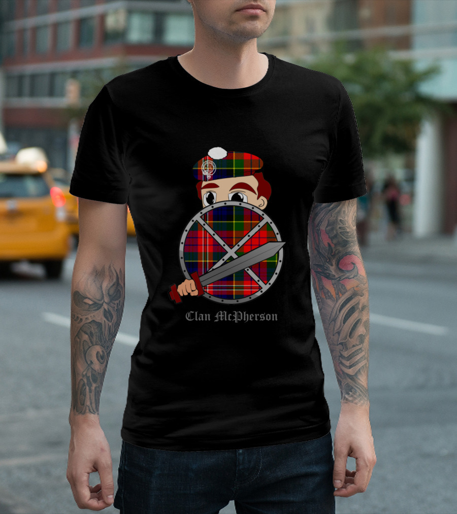 Clan McPherson Warrior with Tartan Shield and Sword T-Shirt