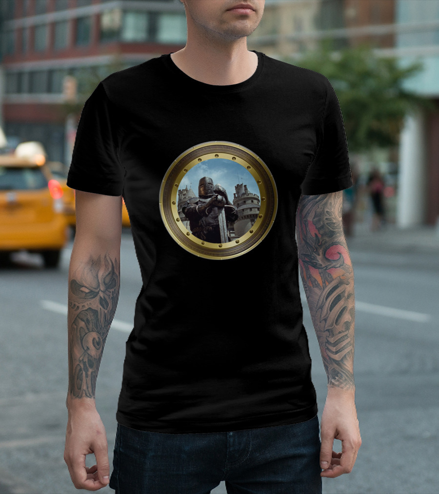 Crusader Knight Holding Sword In Front Of Medieval Castle Within Round Frame T-Shirt