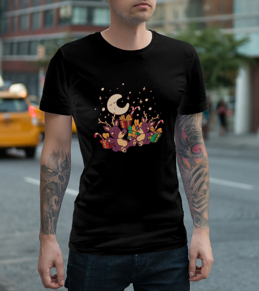 Cute Reindeers With Presents and Candy Canes Under Sleeping Moon T-Shirt