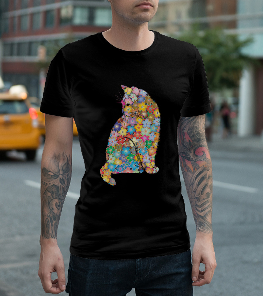 Floral Colorful Cat Silhouette with Multicolor Flowers T-Shirt