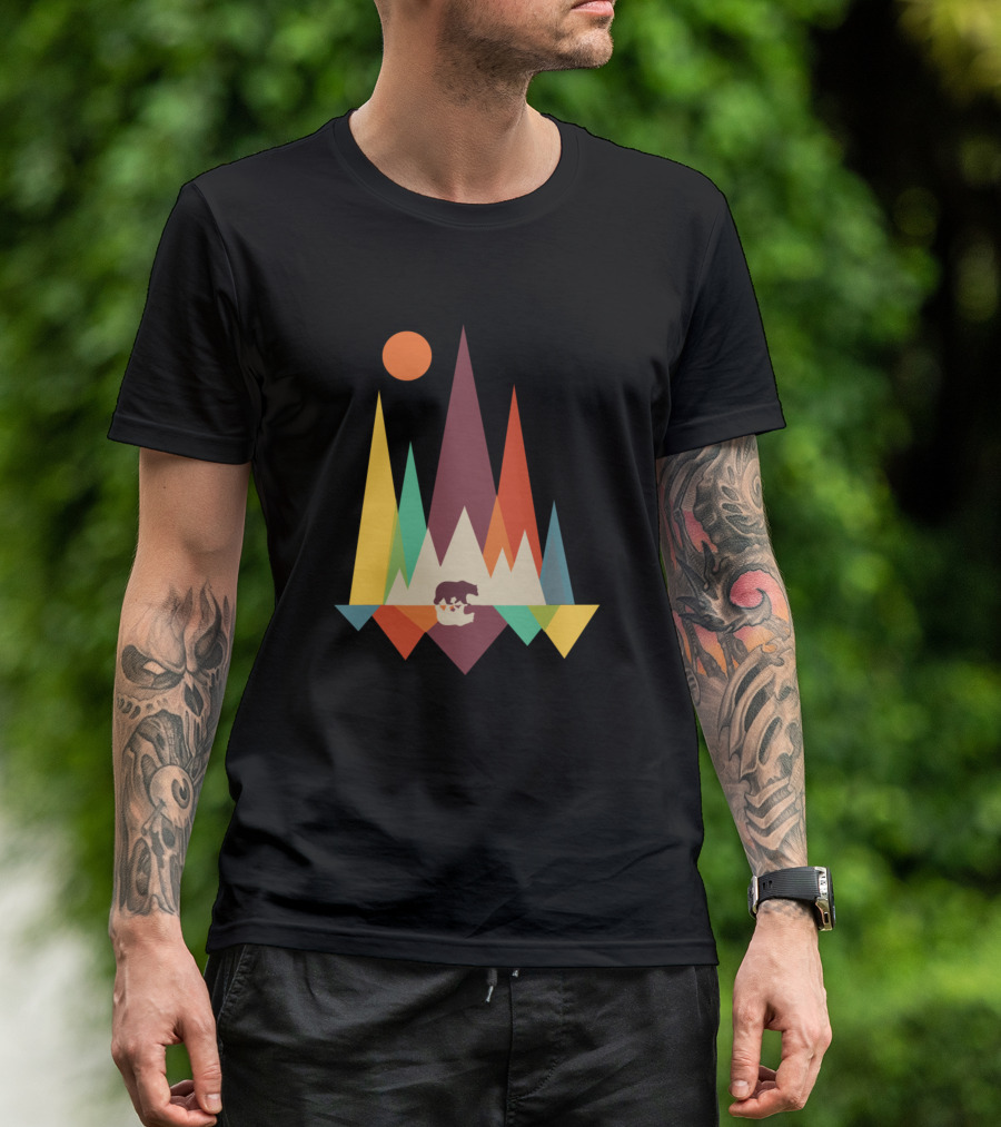 Mountains Are Calling I Must Go Bear Geometry Peaks Sun T-Shirt