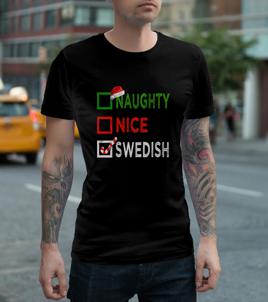Naughty Nice Swedish Christmas Checkboxes with Santa Hat and Candy Cane T-Shirt