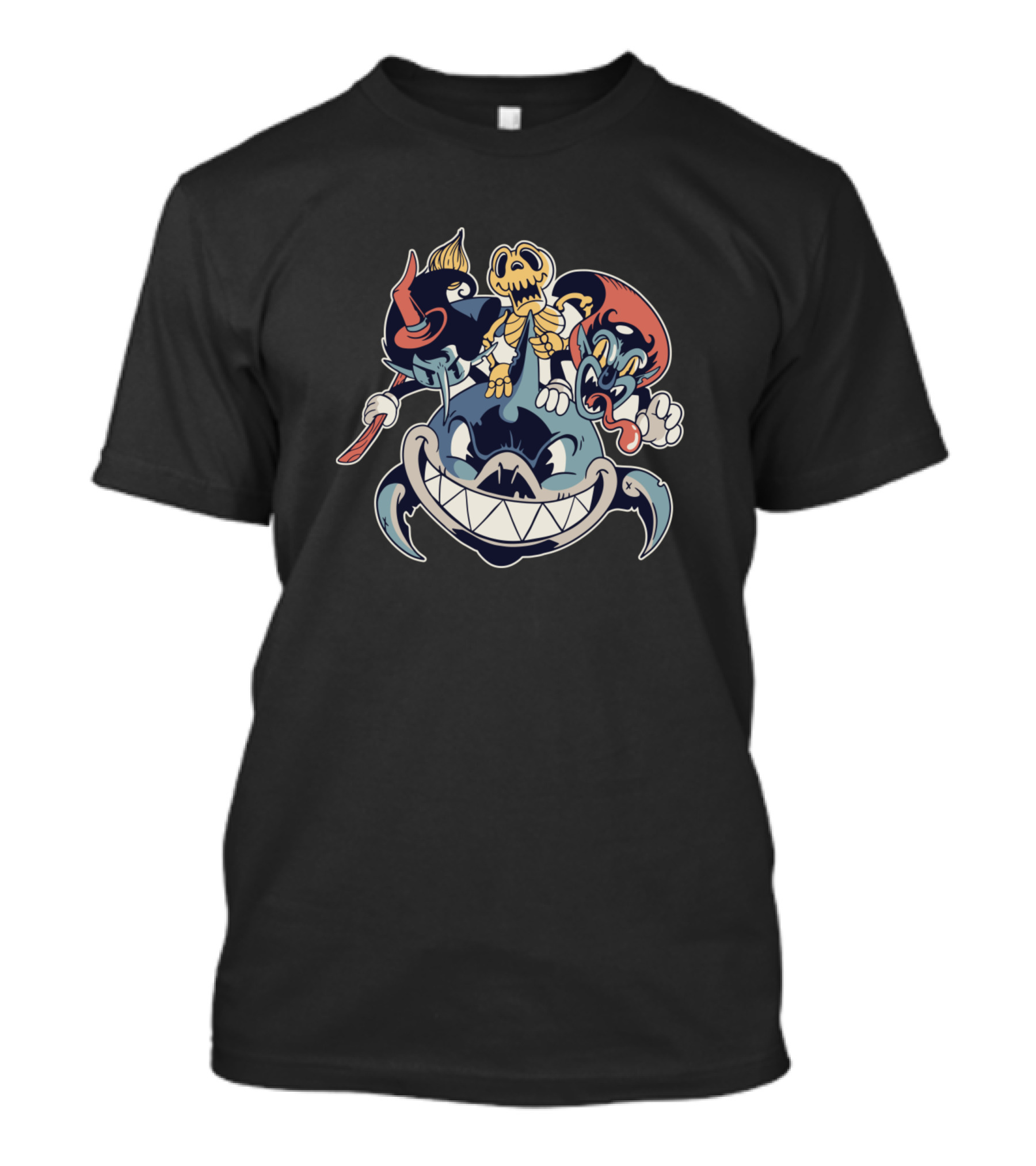 Scary Characters Riding A Grinning Shark For Halloween T-Shirt