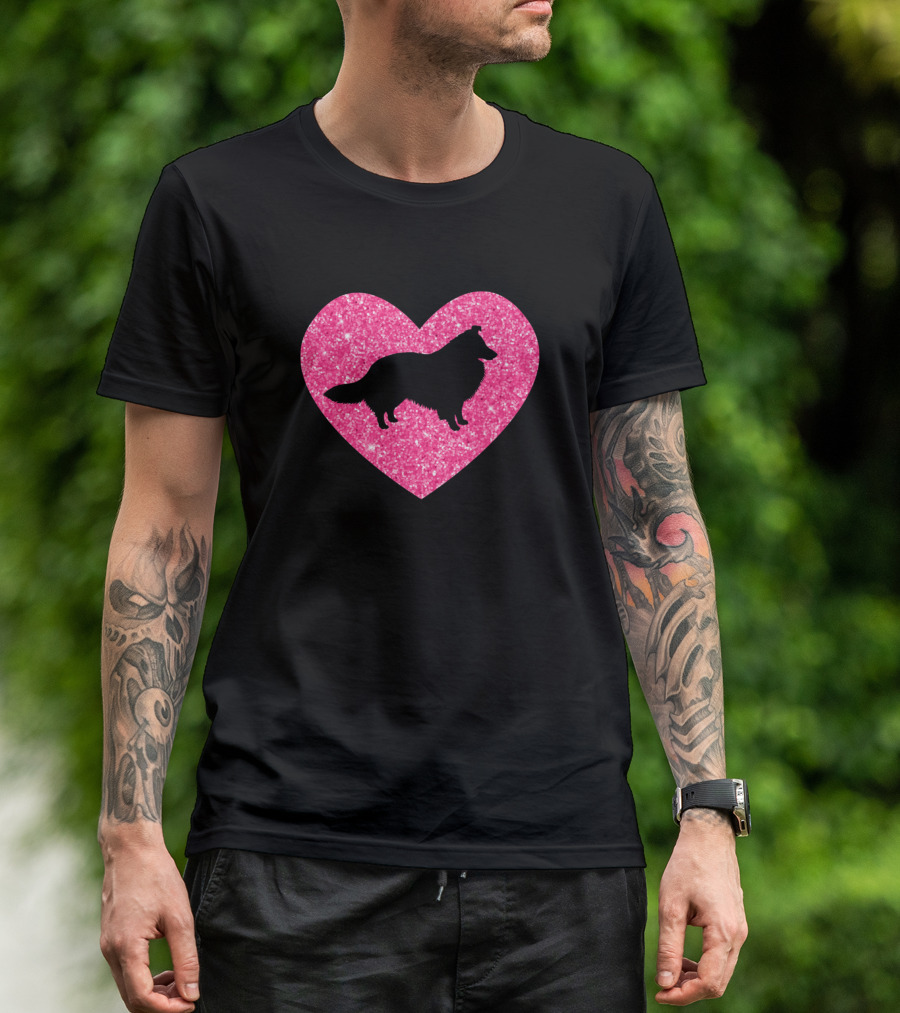 Sheltie Silhouette Inside Pink Glitter Heart T-Shirt