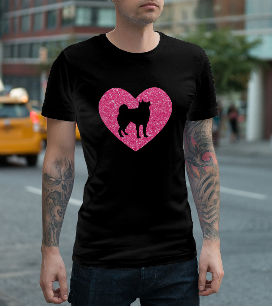 Shiba Inu Silhouette in Pink Glitter Heart T-Shirt