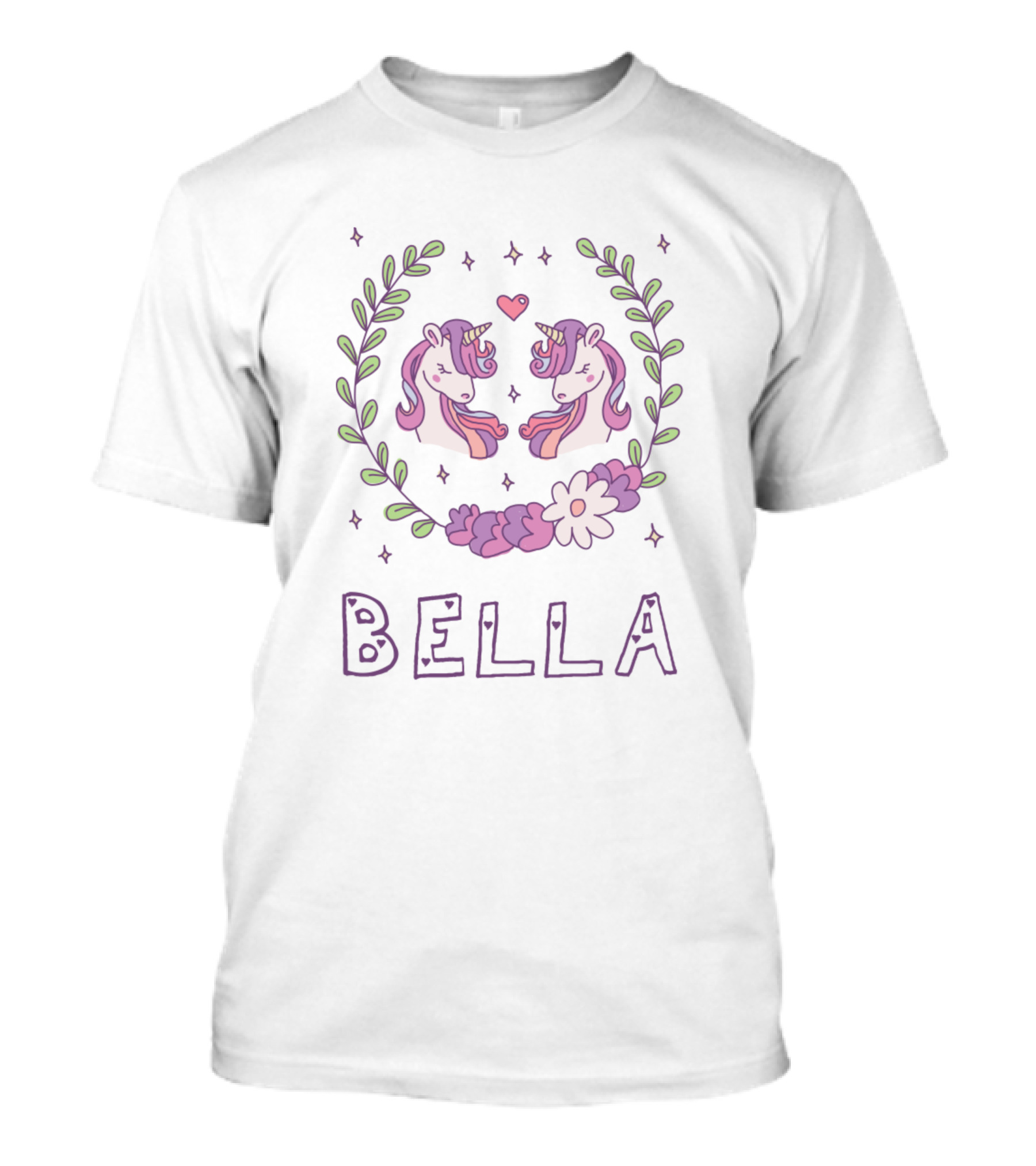 Bella Magical Unicorns With Heart And Floral Accents T-Shirt