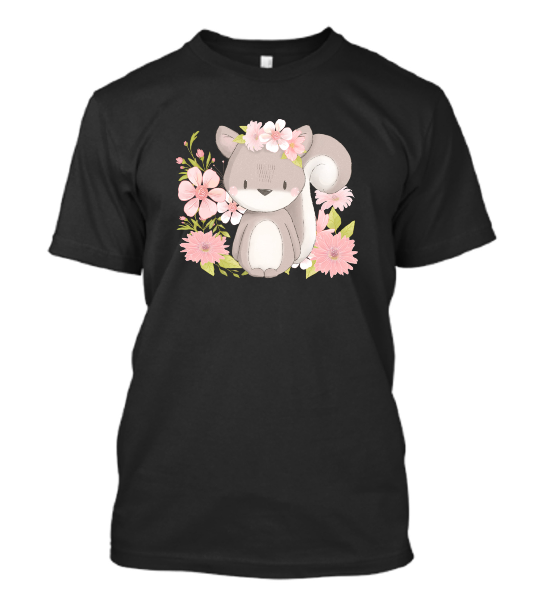 Chipmunk Squirrel With Pink Flowers Motif T-Shirt
