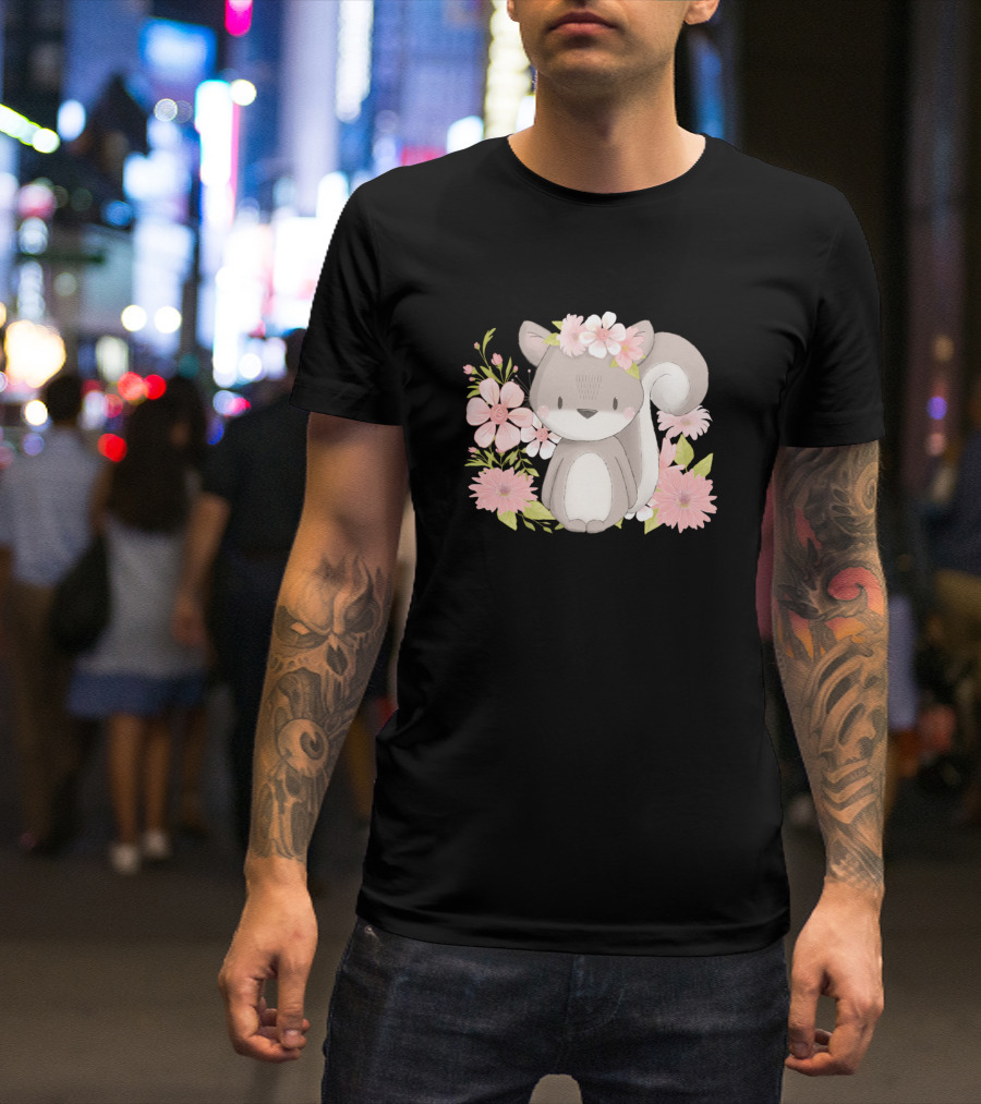 Chipmunk Squirrel With Pink Flowers Motif T-Shirt