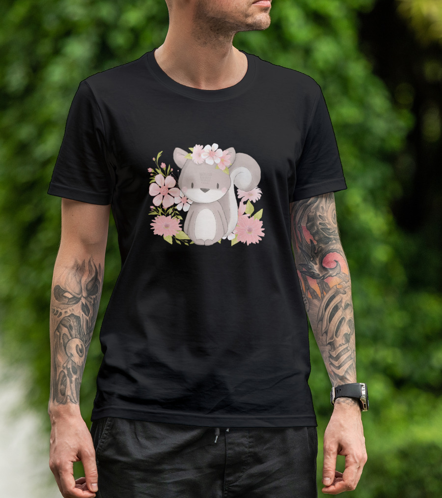Chipmunk Squirrel With Pink Flowers Motif T-Shirt