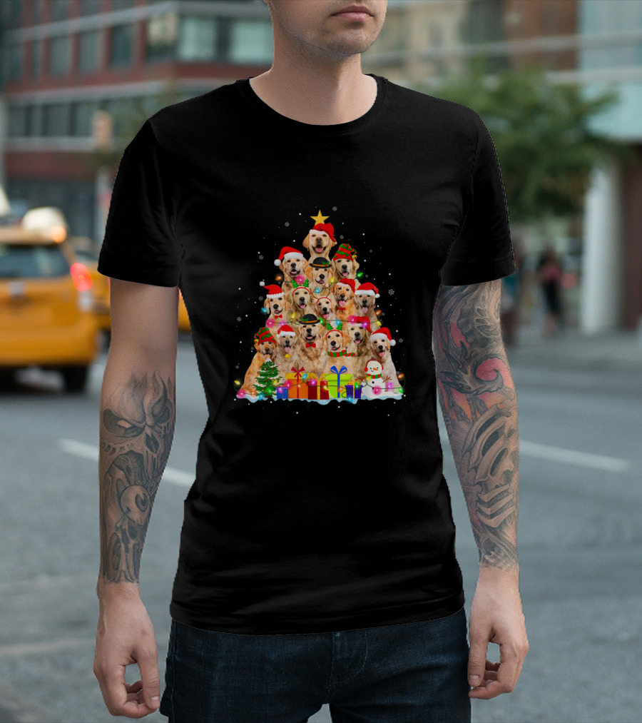 Golden Retrievers Christmas Tree With Santa Hats And Snowflakes T-Shirt