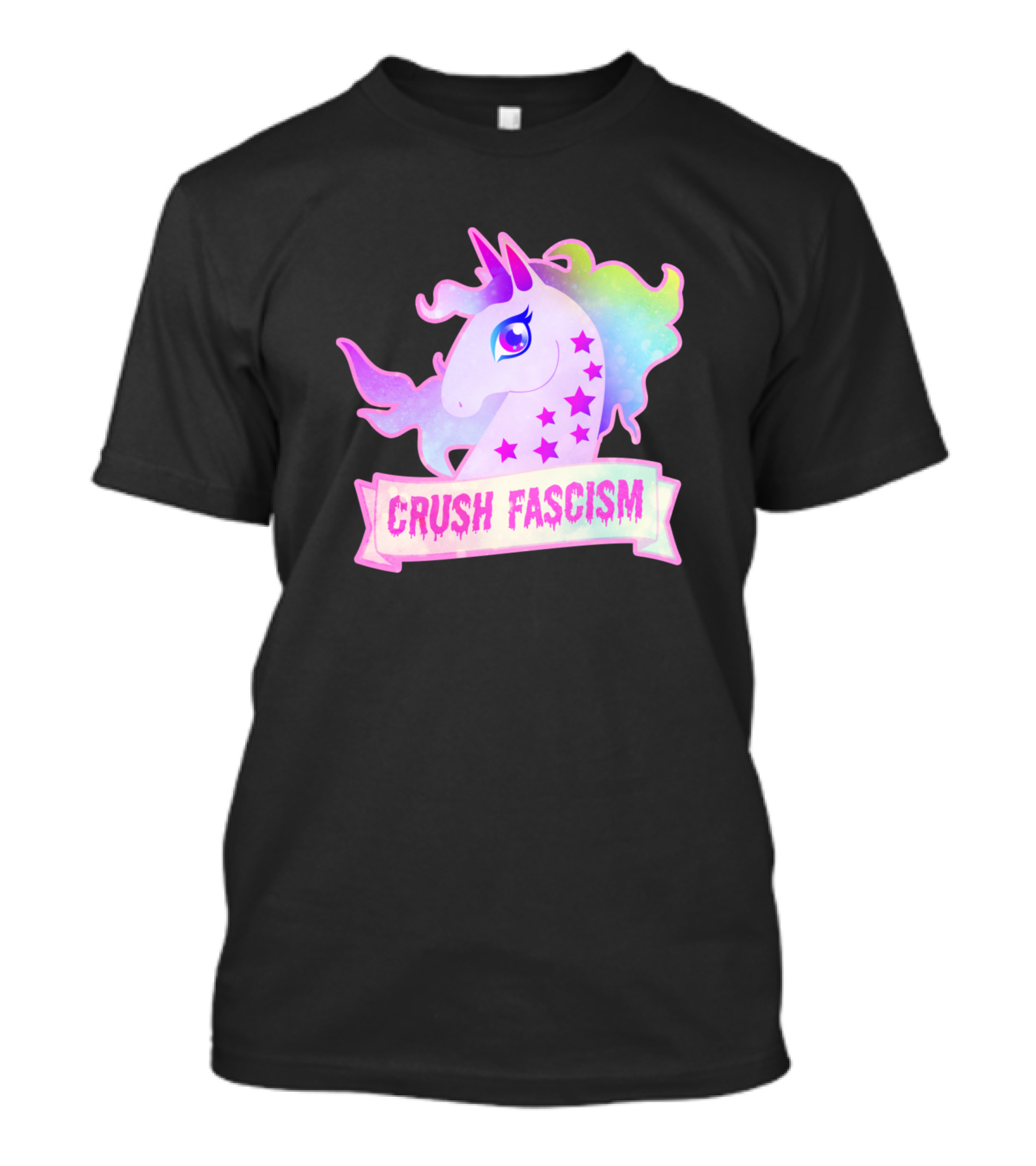 Crush Fascism Unicorn With Rainbow Mane And Stars T-Shirt