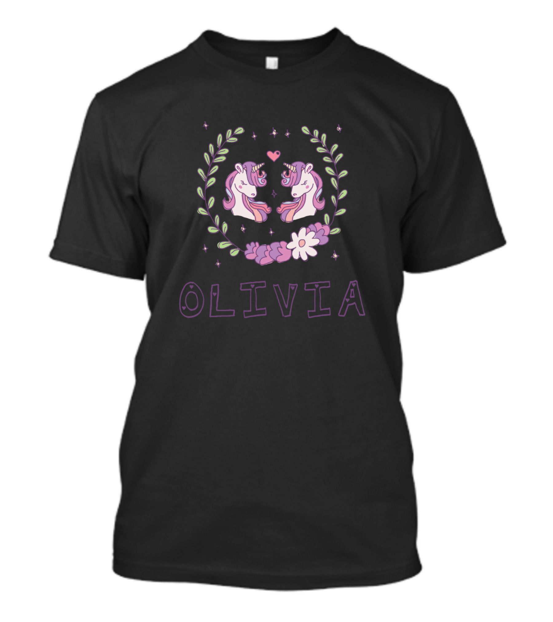 Olivia Unicorns With Floral Heart And Stars T-Shirt