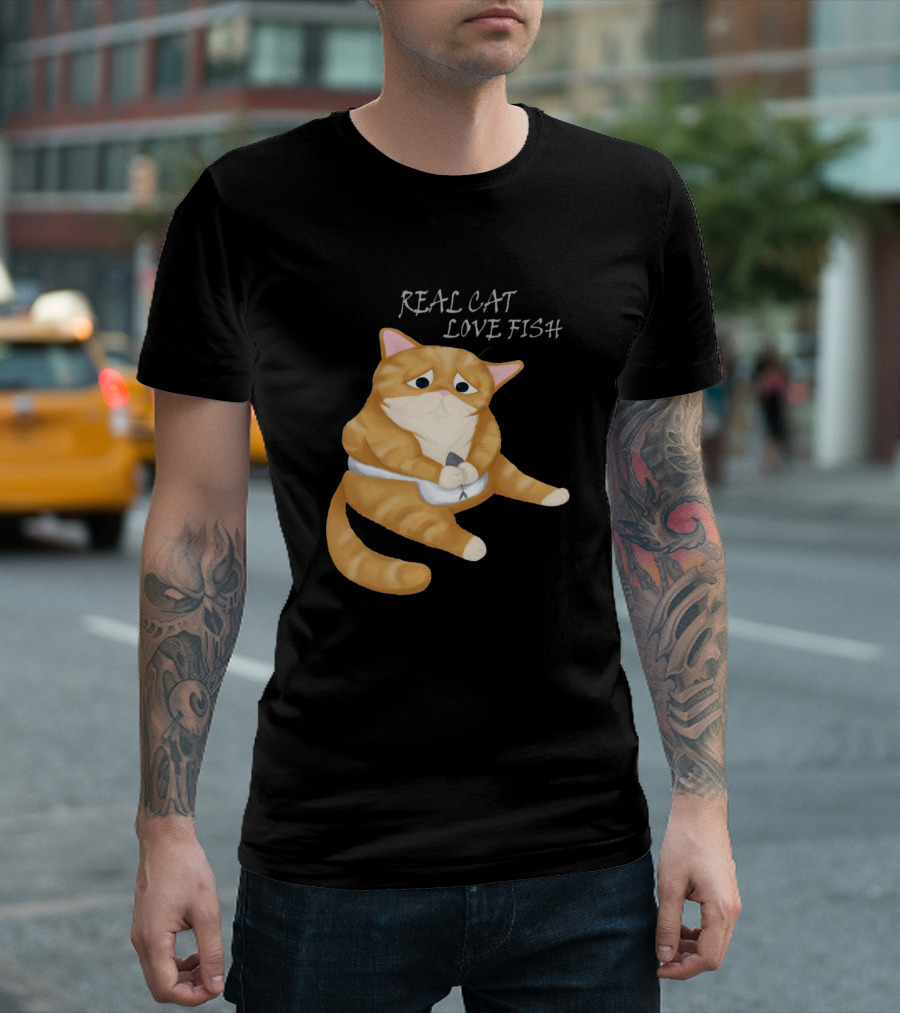 Real Cat Love Fish Sad Orange Tabby Holding Fish T-Shirt