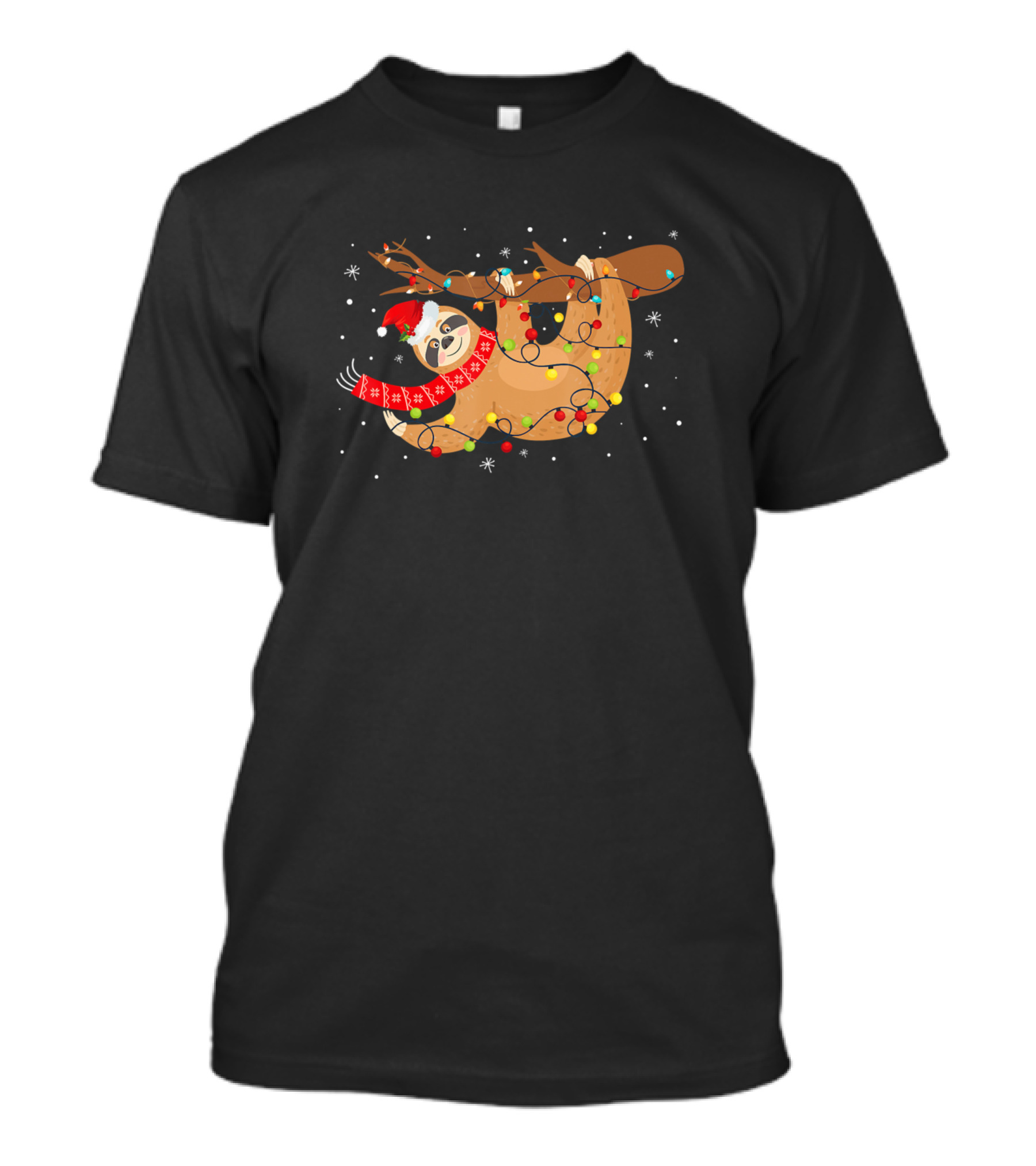 Christmas Sloth Wrapped In Festive Lights With Santa Hat And Scarf T-Shirt