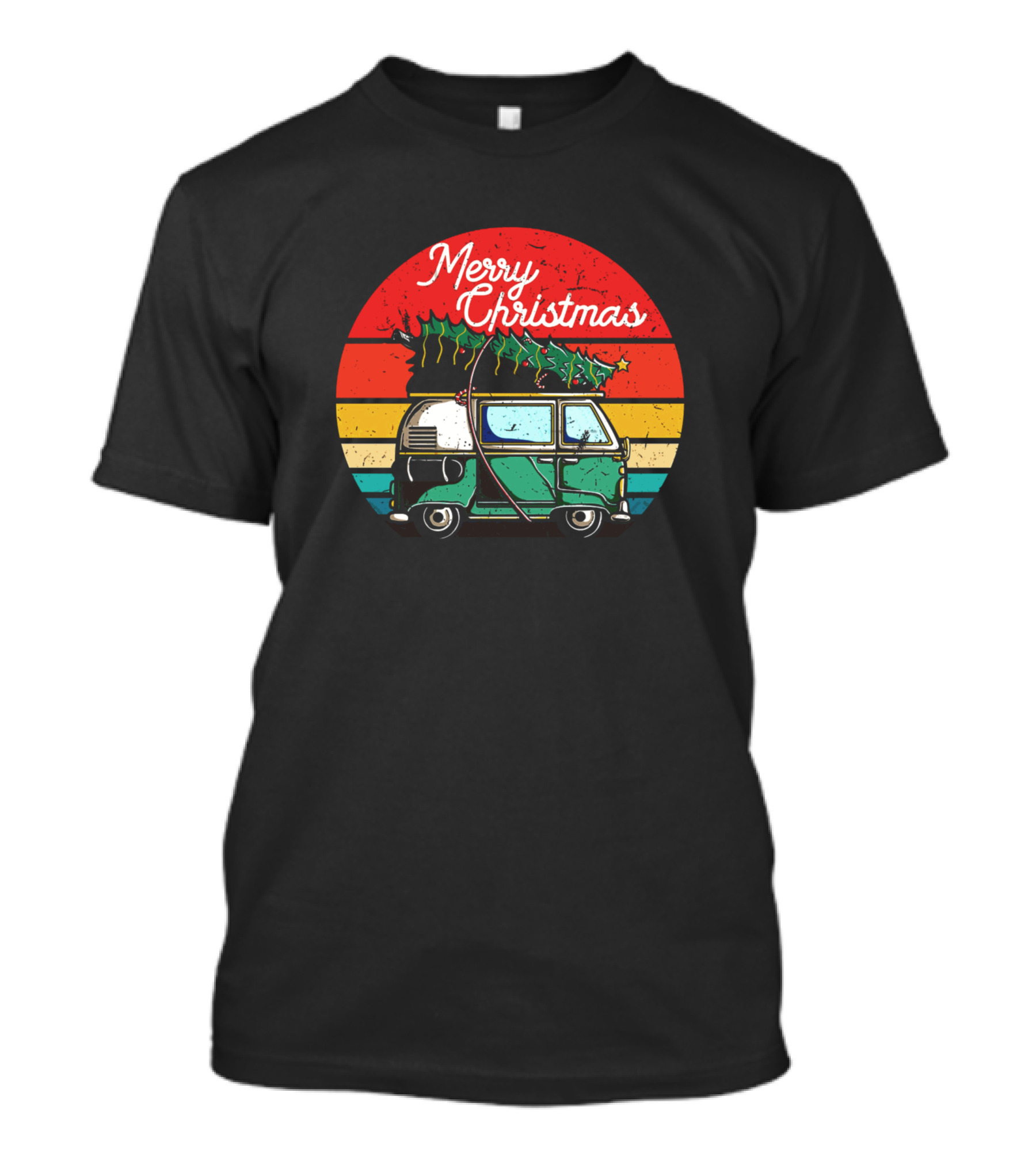 Merry Christmas Retro Van With Holiday Tree Vintage Stripes T-Shirt