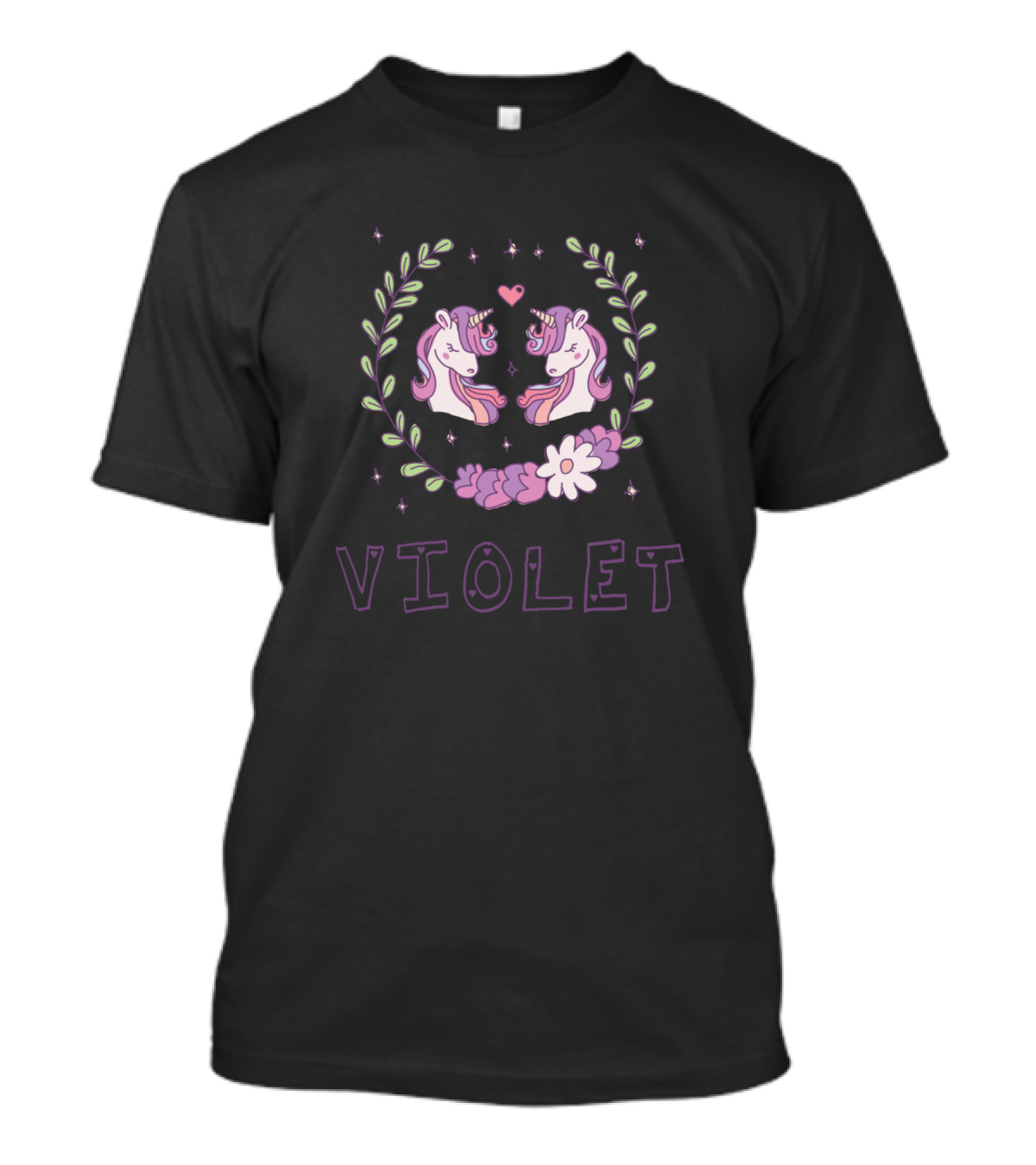 Violet Whimsical Unicorns And Floral Wreath T-Shirt