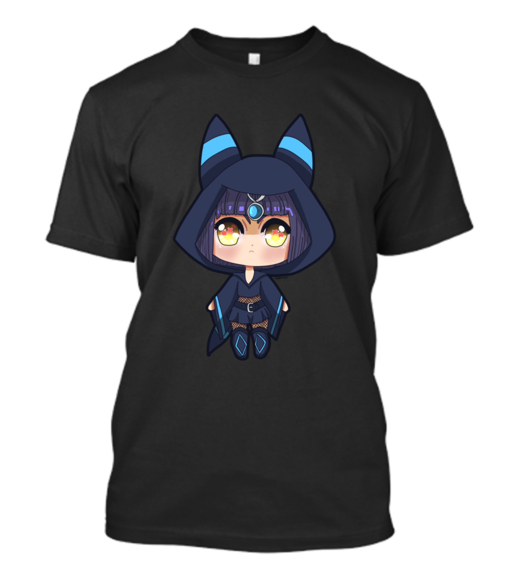 Fox Chibi Blue Hooded Character With Blue Ears And Starry Eyes T-Shirt