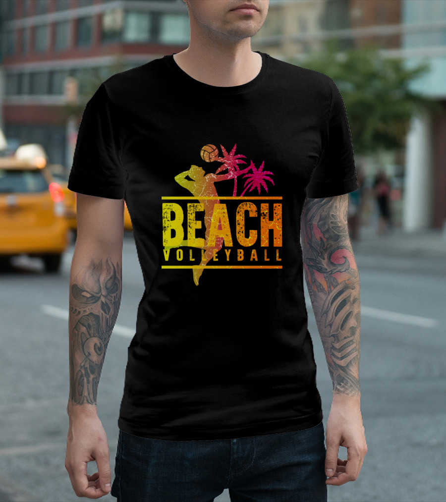 Beach Volleyball Player Palm Trees Retro Gradient T-Shirt