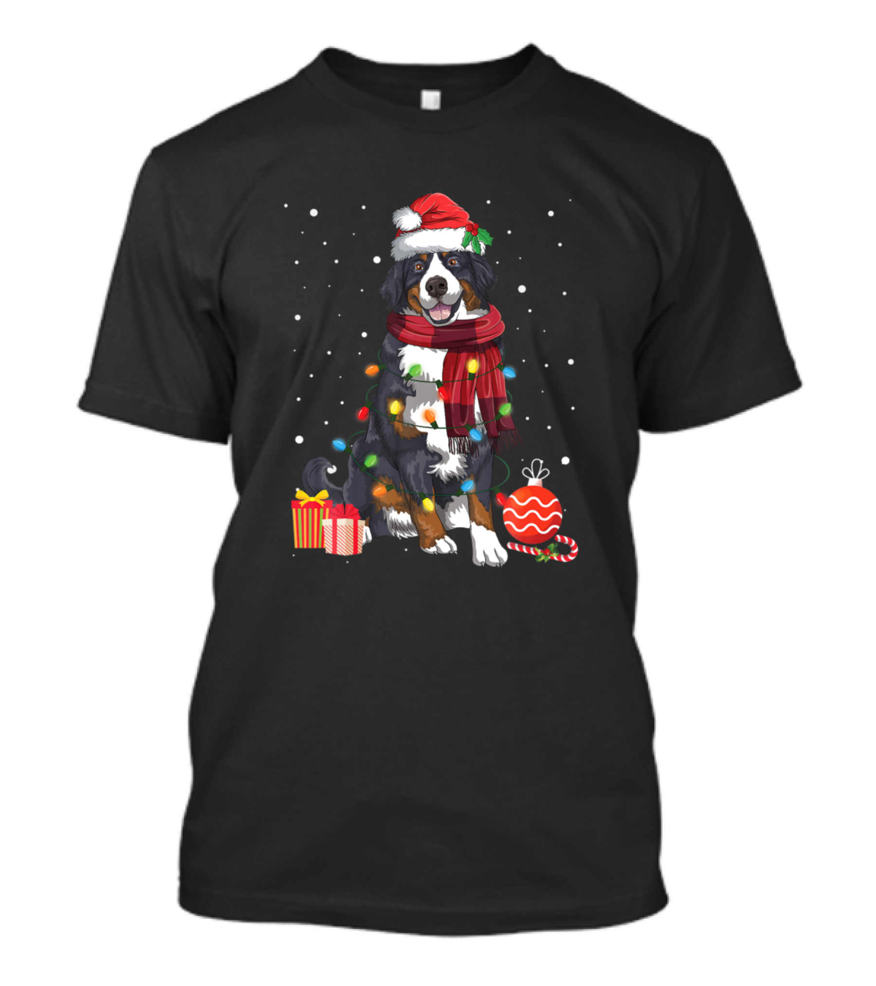Bernese Mountain Dog Christmas Santa Hat Lights Gifts Snow T-Shirt