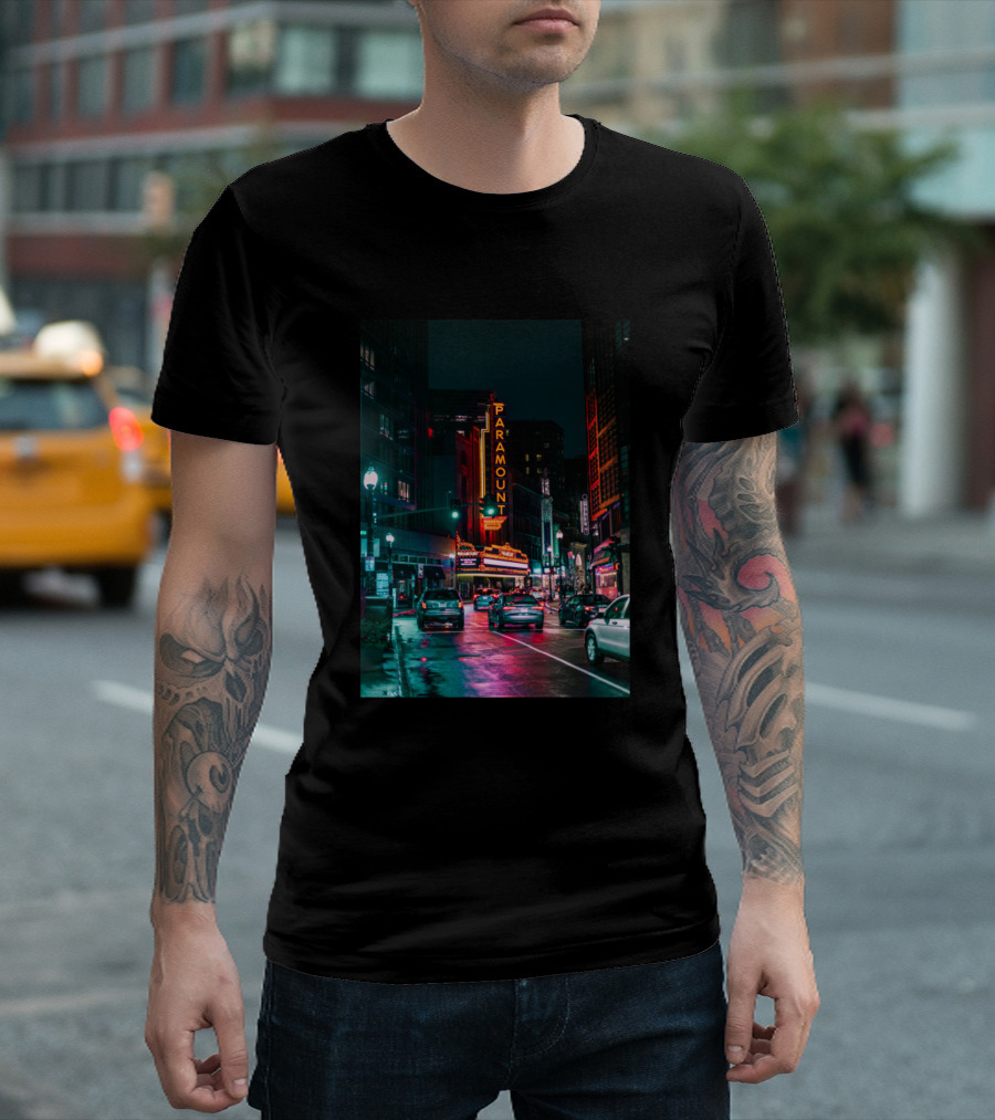 Boston City Streets Night Paramount Theatre Vibrant Lights T-Shirt