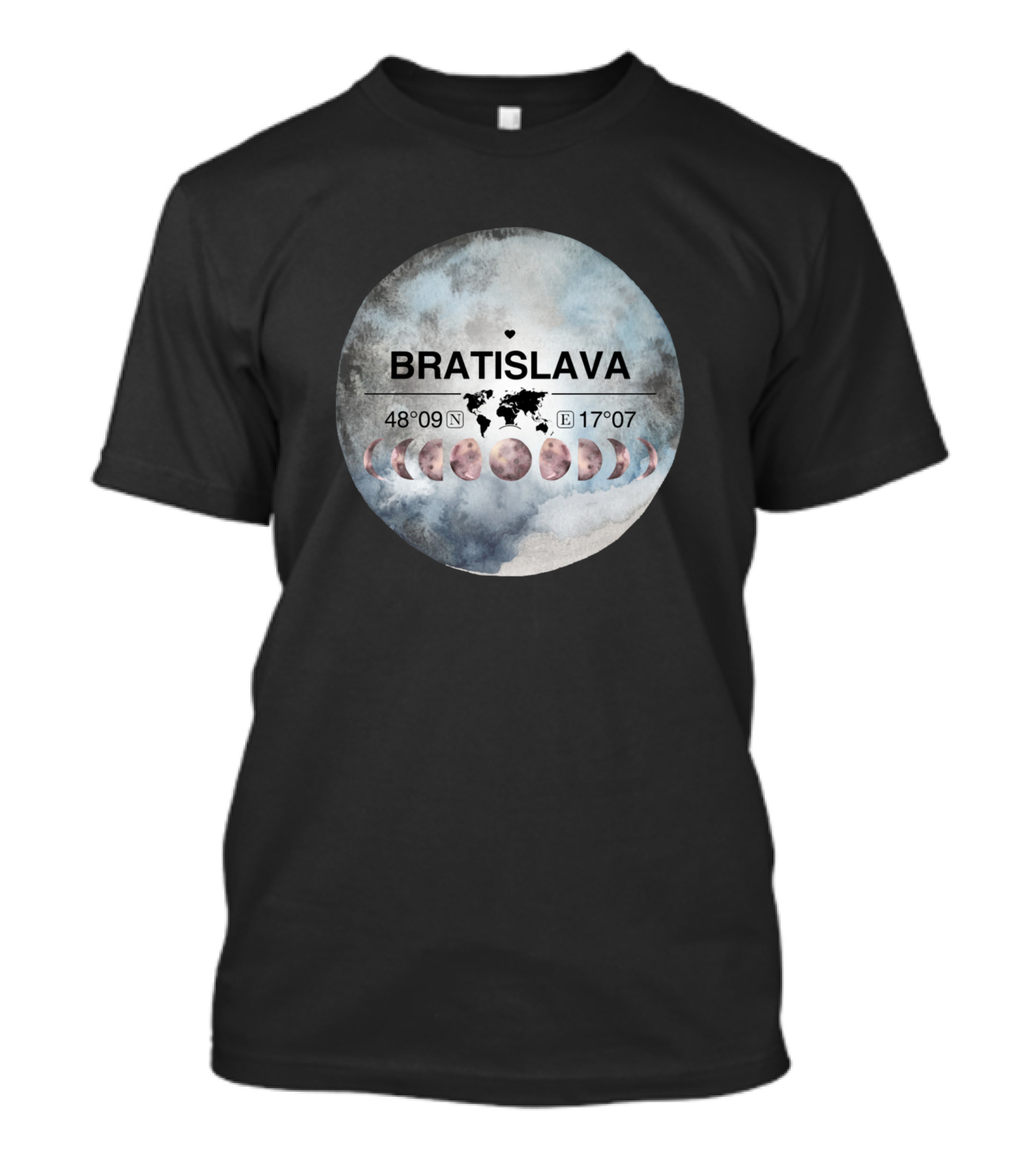 Bratislava 48°09'N 17°07'E World Map And Moon Phases T-Shirt