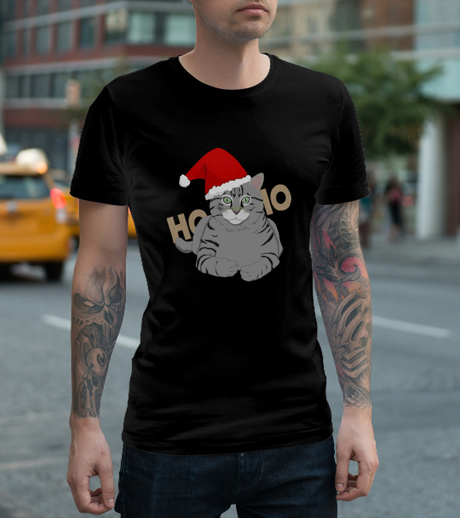 Cat Wearing A Santa Hat Ho Ho Ho T-Shirt