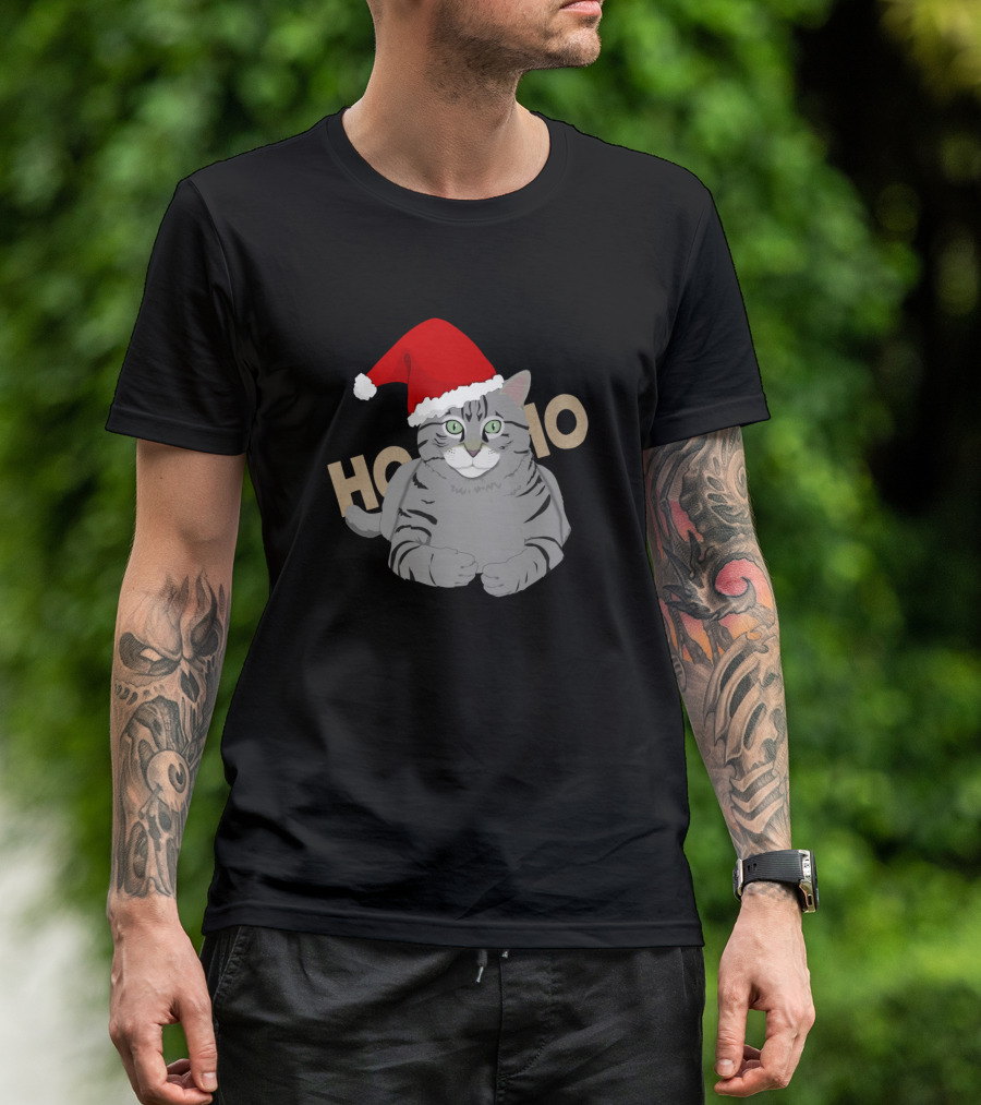 Cat Wearing A Santa Hat Ho Ho Ho T-Shirt