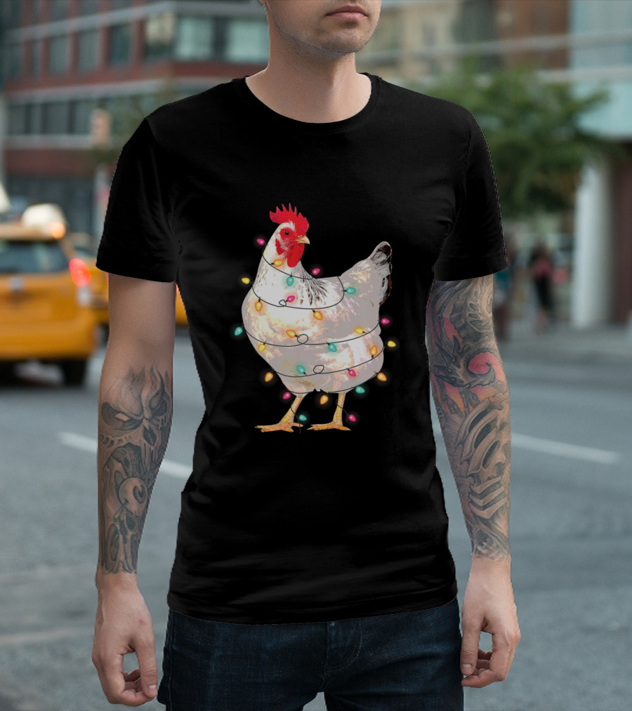 Chicken Wrapped In Colorful Christmas Lights With Santa Hat T-Shirt