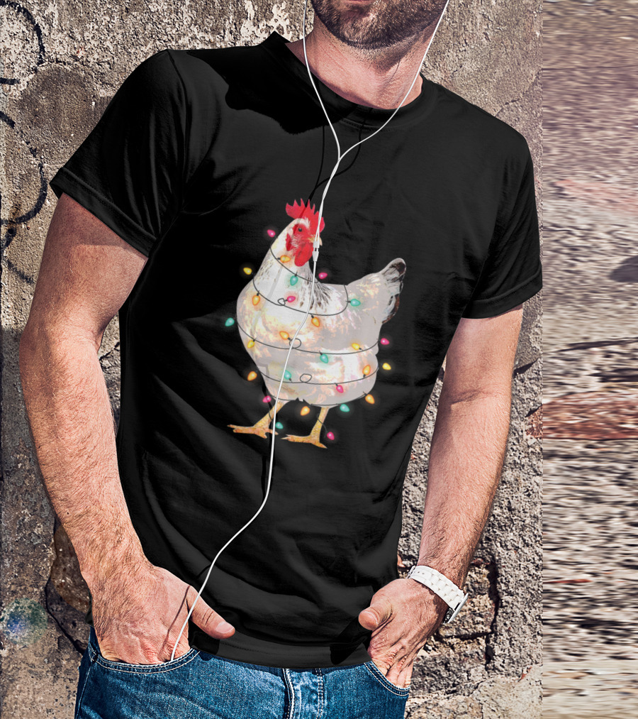 Chicken Wrapped In Colorful Christmas Lights With Santa Hat T-Shirt