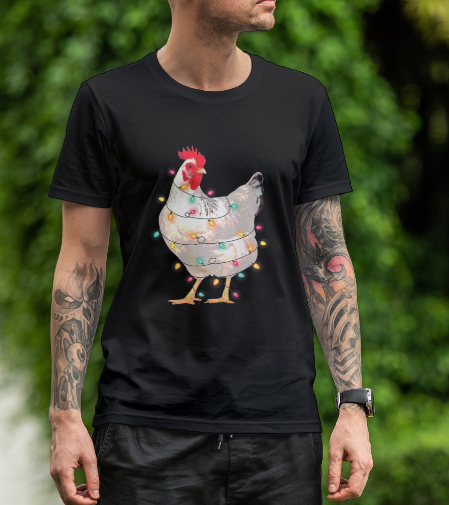 Chicken Wrapped In Colorful Christmas Lights With Santa Hat T-Shirt