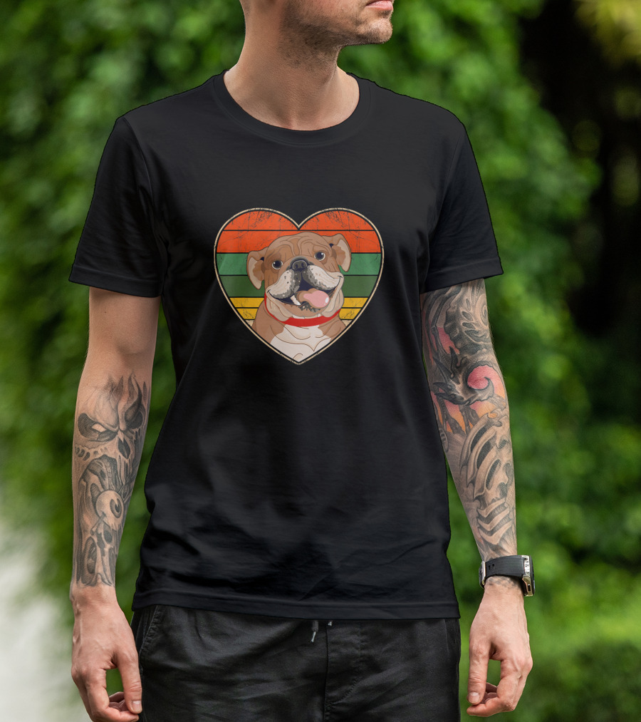 Dog Heart English Bulldog Lover Vintage Style Retro Stripes T-Shirt