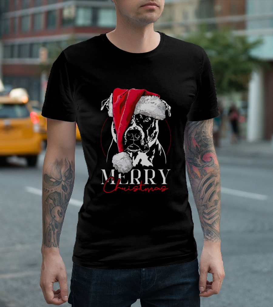 Merry Christmas Santa Hat Pitbull Dog T-Shirt