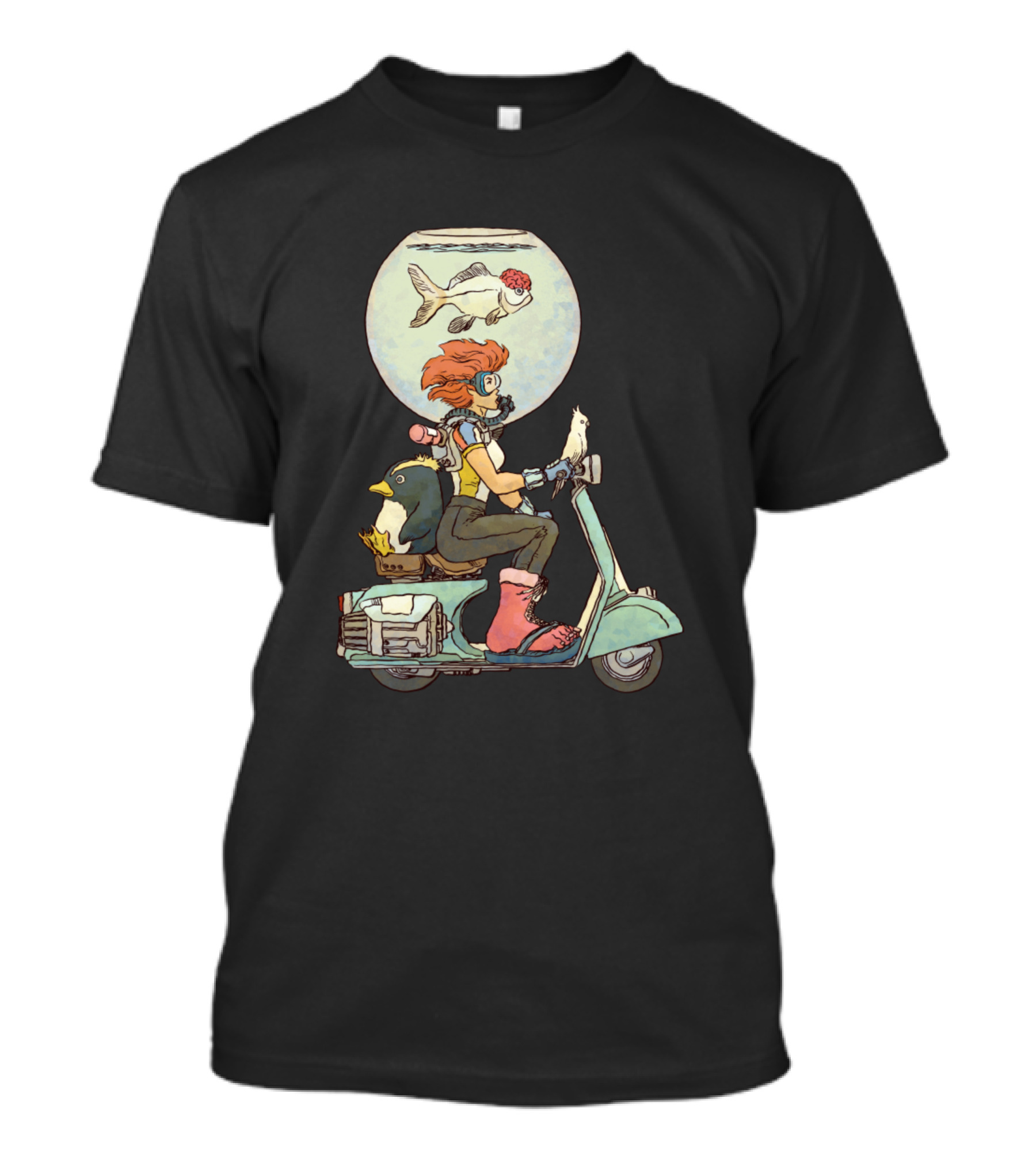 Lets Go Scooter Adventure With Penguin And Fish Companions T-Shirt