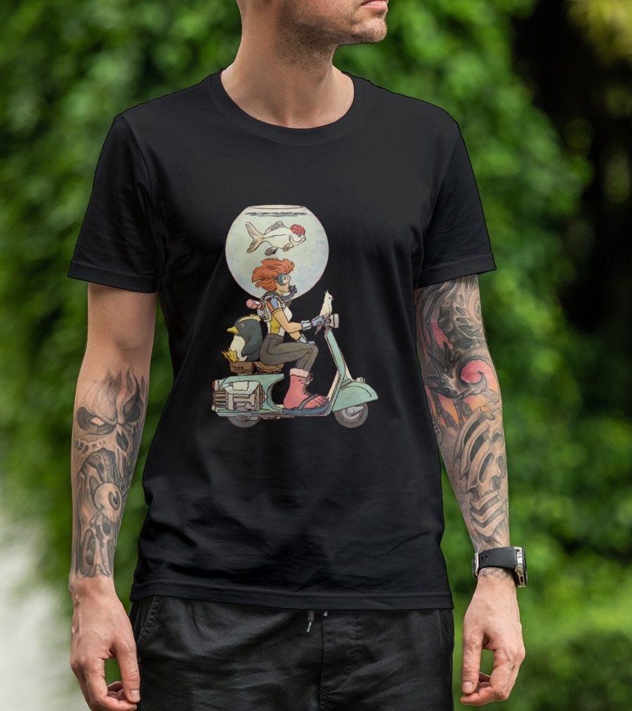 Lets Go Scooter Adventure With Penguin And Fish Companions T-Shirt