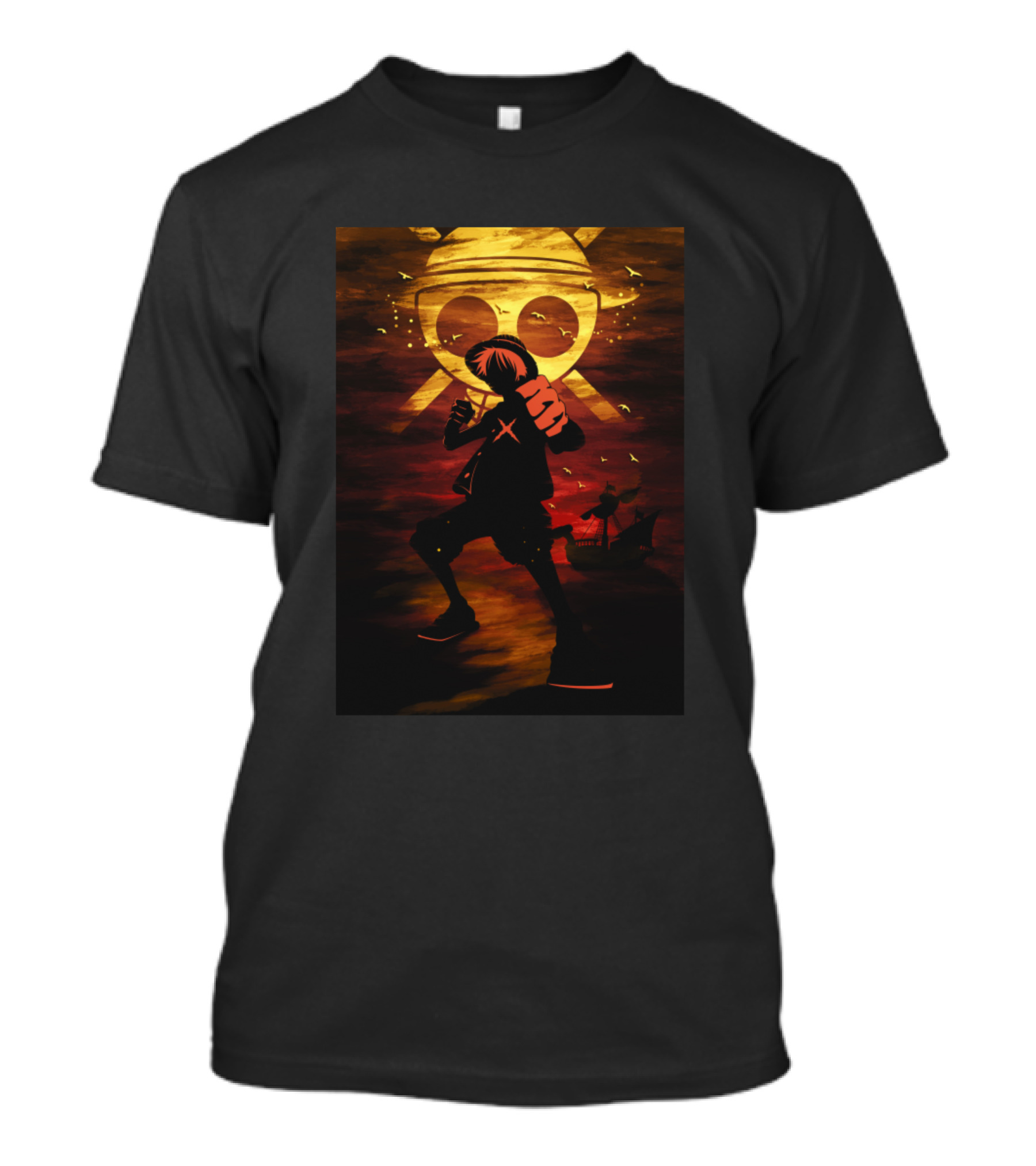 Luffy Silhouette With Straw Hat Pirate Symbol Background T-Shirt