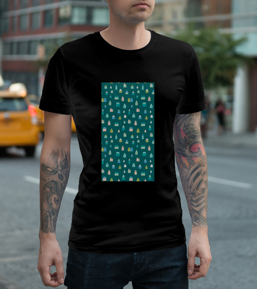 Tiny Houses Pattern Multicolored Little Homes Forest Green Background T-Shirt