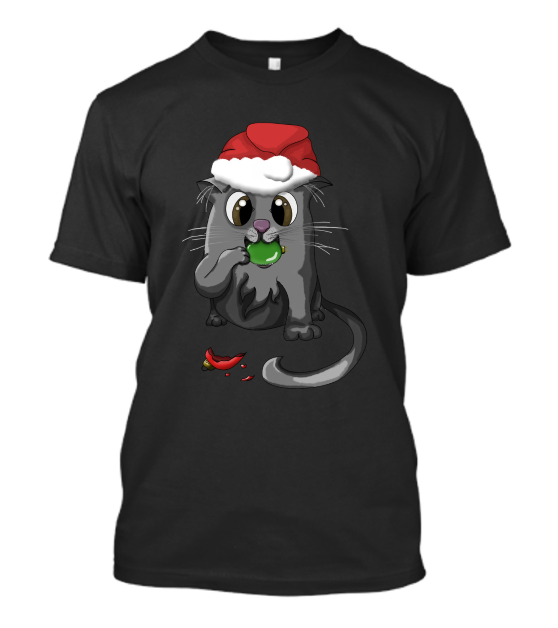 Christmas Kitty Cute Gray Cat Santa Hat Eating Chili Pepper T-Shirt